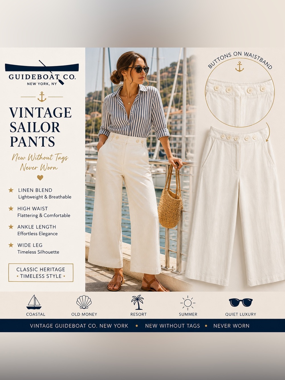 Guideboat Co Vintage Sailor Pants 29 White Linen Blend High Rise Wide Leg NWOT